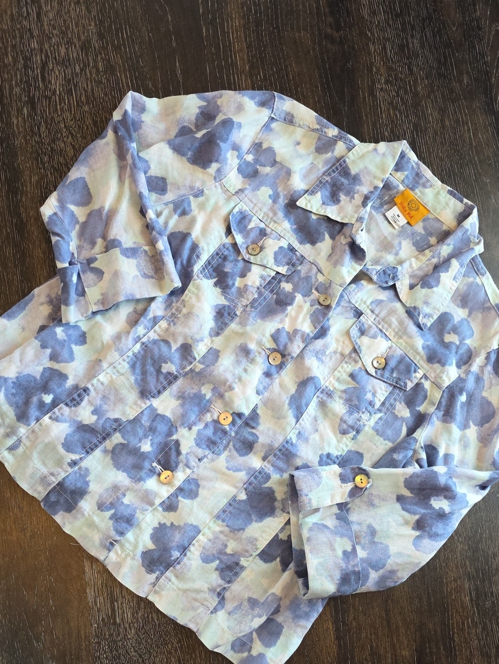 Ruby Rd. Blue Floral Button-Down Shirt for Women 100% Linen